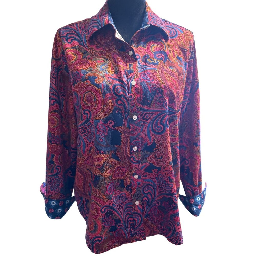 Vintage Paisley Button-Up Shirt With Vibrant Pink & Blue Design Long Sleeves Col - Picture 6 of 7